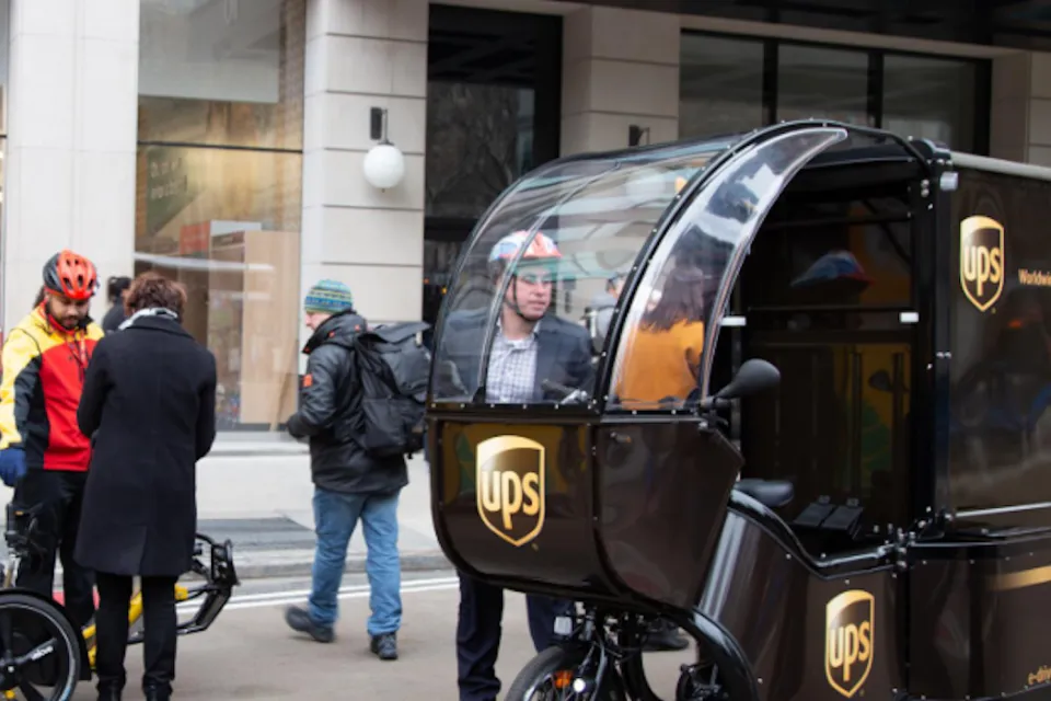 UPS delivery cargo bike with covered front seat in New York City